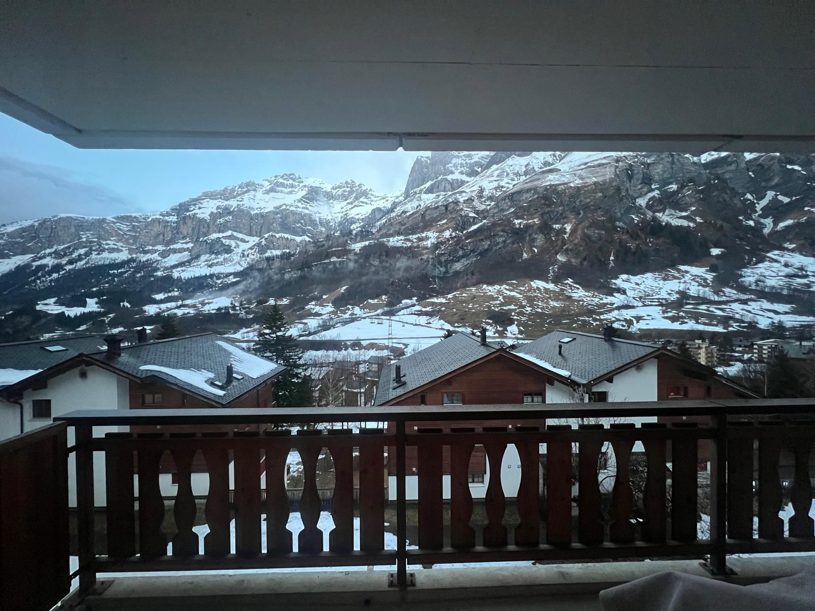 Snowy cliffs seen from the balcony in winter