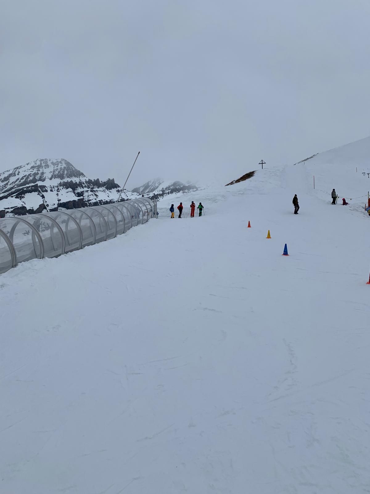 Children learning to ski beside a covered conveyor lift